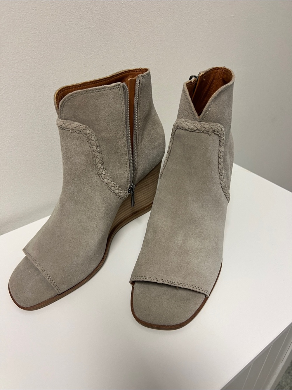 Lucky Brand Suede Peep-Toe Ankle Booties in Light Gray